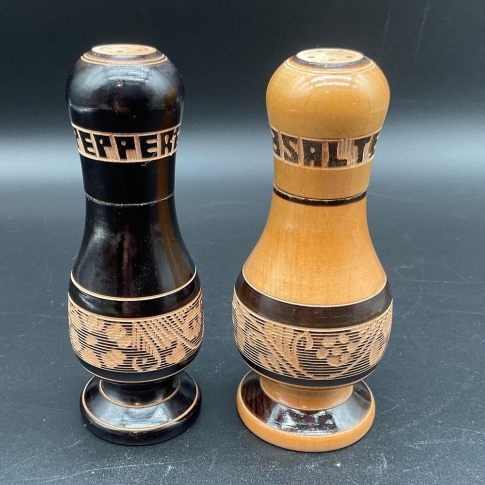 Vintage Wood Salt and Pepper Shakers Set Hand Carved Floral Design 5 Inches‎